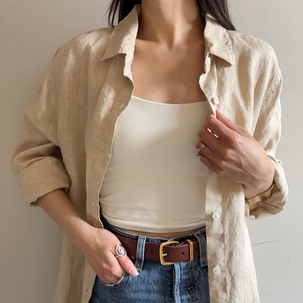 Haris Cotton 100% Linen Neutral Cream Button Up Shirt Size Medium